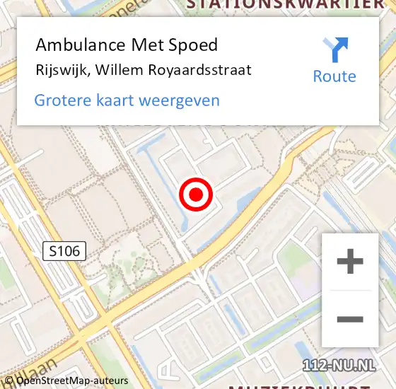 Locatie op kaart van de 112 melding: Ambulance Met Spoed Naar Rijswijk, Willem Royaardsstraat op 5 september 2024 20:02