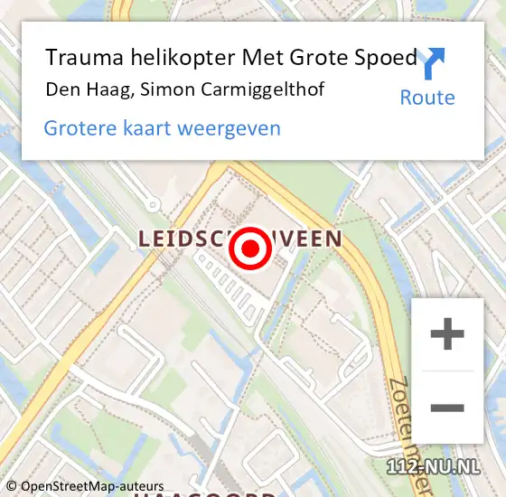 Locatie op kaart van de 112 melding: Trauma helikopter Met Grote Spoed Naar Den Haag, Simon Carmiggelthof op 5 september 2024 20:35