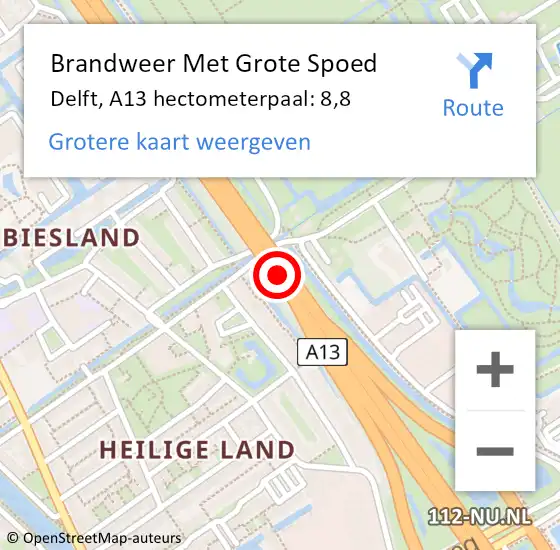 Locatie op kaart van de 112 melding: Brandweer Met Grote Spoed Naar Delft, A13 hectometerpaal: 8,8 op 5 september 2024 21:25