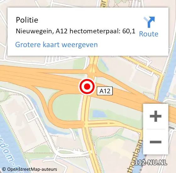 Locatie op kaart van de 112 melding: Politie Nieuwegein, A12 hectometerpaal: 60,1 op 5 september 2024 21:31