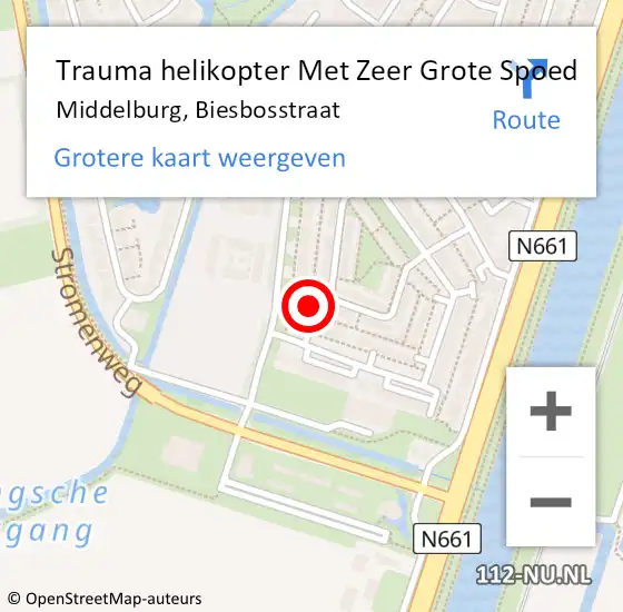 Locatie op kaart van de 112 melding: Trauma helikopter Met Zeer Grote Spoed Naar Middelburg, Biesbosstraat op 5 september 2024 21:33