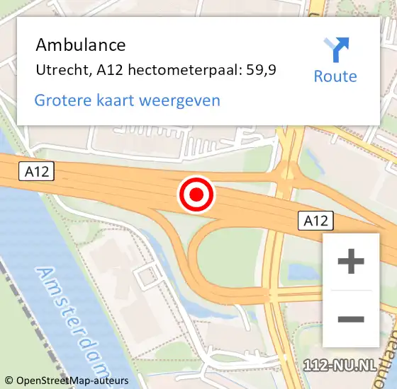 Locatie op kaart van de 112 melding: Ambulance Utrecht, A12 hectometerpaal: 59,9 op 5 september 2024 21:36