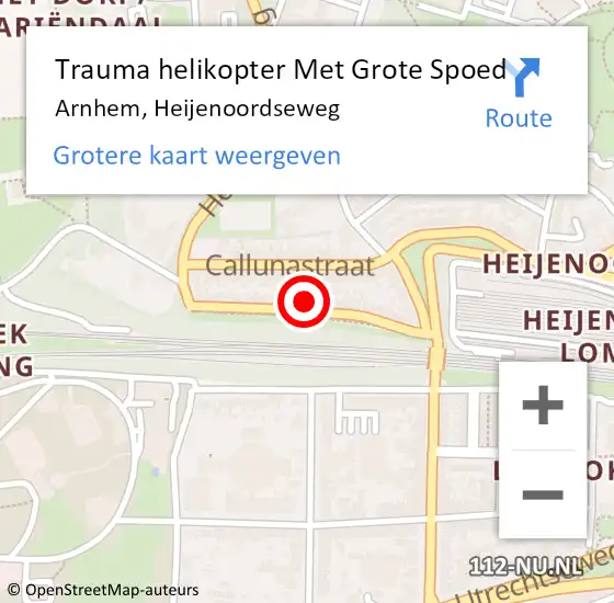 Locatie op kaart van de 112 melding: Trauma helikopter Met Grote Spoed Naar Arnhem, Heijenoordseweg op 5 september 2024 22:02