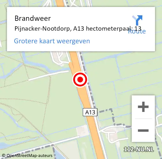 Locatie op kaart van de 112 melding: Brandweer Pijnacker-Nootdorp, A13 hectometerpaal: 13 op 5 september 2024 22:35