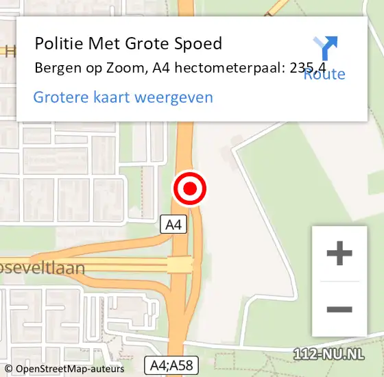 Locatie op kaart van de 112 melding: Politie Met Grote Spoed Naar Bergen op Zoom, A4 hectometerpaal: 235,4 op 5 september 2024 23:49