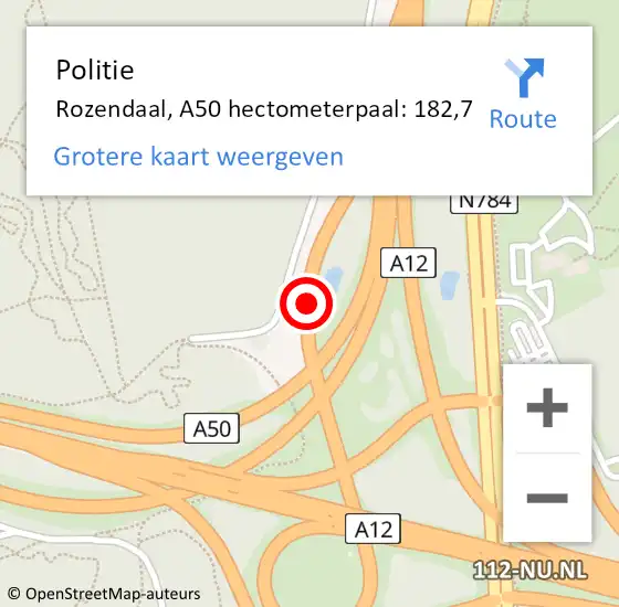 Locatie op kaart van de 112 melding: Politie Rozendaal, A50 hectometerpaal: 182,7 op 6 september 2024 00:59