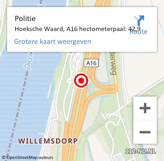 Locatie op kaart van de 112 melding: Politie Hoeksche Waard, A16 hectometerpaal: 42,9 op 6 september 2024 02:14