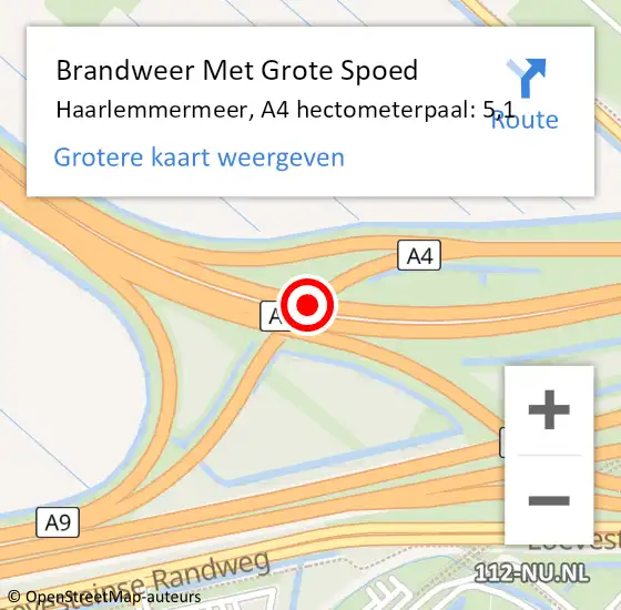 Locatie op kaart van de 112 melding: Brandweer Met Grote Spoed Naar Haarlemmermeer, A4 hectometerpaal: 5,1 op 6 september 2024 04:19