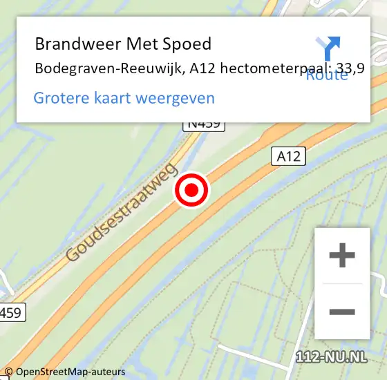 Locatie op kaart van de 112 melding: Brandweer Met Spoed Naar Bodegraven-Reeuwijk, A12 hectometerpaal: 33,9 op 6 september 2024 06:58