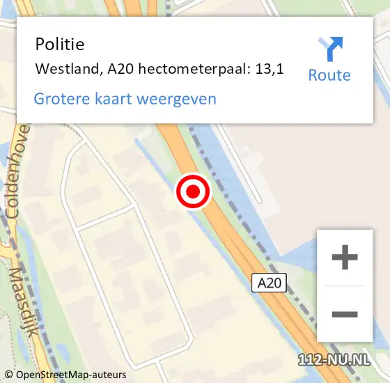 Locatie op kaart van de 112 melding: Politie Westland, A20 hectometerpaal: 13,1 op 6 september 2024 07:00