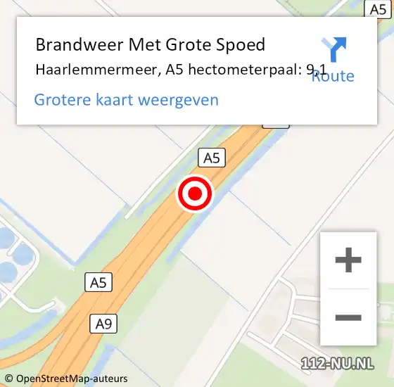 Locatie op kaart van de 112 melding: Brandweer Met Grote Spoed Naar Haarlemmermeer, A5 hectometerpaal: 9,1 op 6 september 2024 07:17