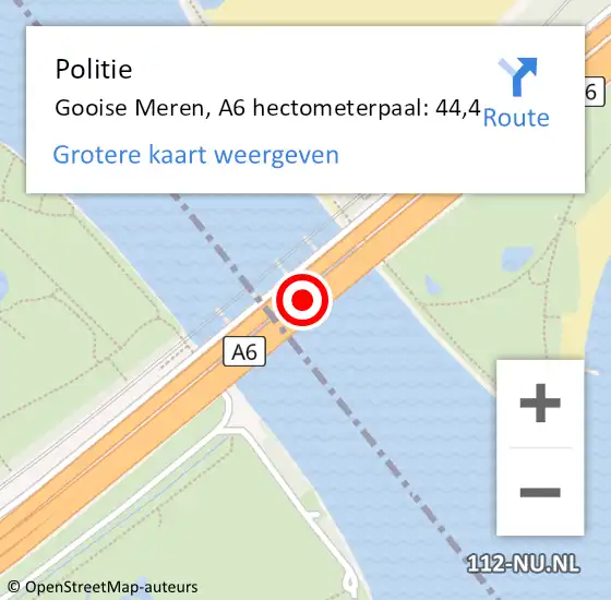 Locatie op kaart van de 112 melding: Politie Gooise Meren, A6 hectometerpaal: 44,4 op 6 september 2024 09:20