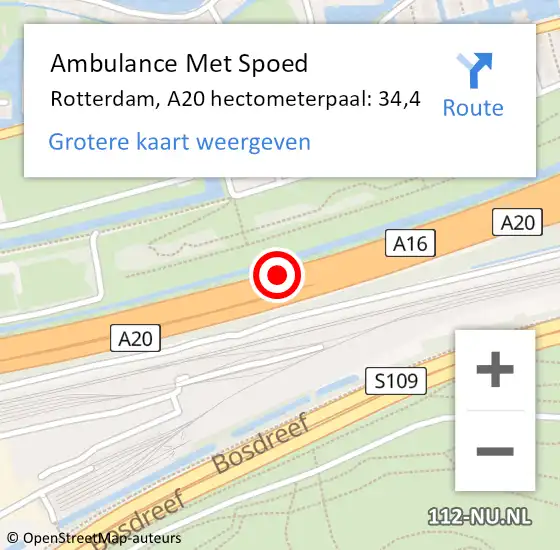 Locatie op kaart van de 112 melding: Ambulance Met Spoed Naar Rotterdam, A20 hectometerpaal: 34,4 op 6 september 2024 09:23