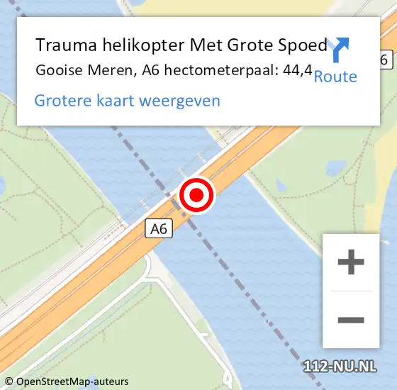 Locatie op kaart van de 112 melding: Trauma helikopter Met Grote Spoed Naar Gooise Meren, A6 hectometerpaal: 44,4 op 6 september 2024 09:23