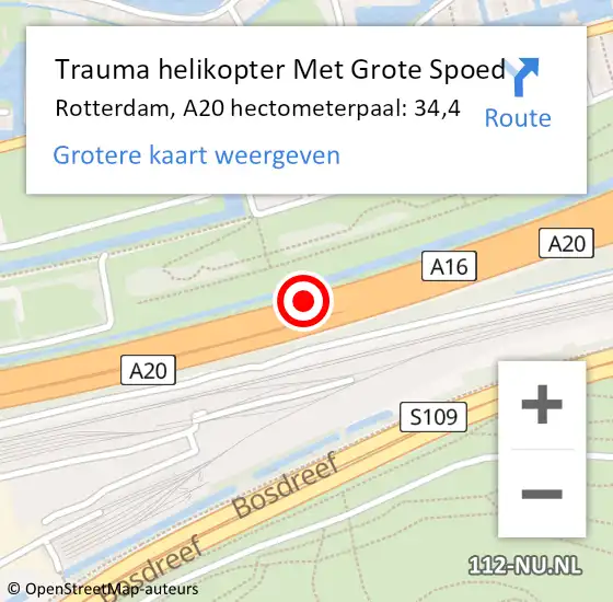 Locatie op kaart van de 112 melding: Trauma helikopter Met Grote Spoed Naar Rotterdam, A20 hectometerpaal: 34,4 op 6 september 2024 09:24