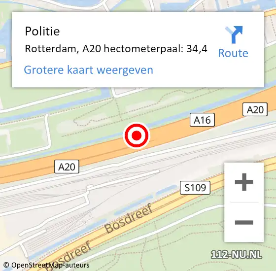 Locatie op kaart van de 112 melding: Politie Rotterdam, A20 hectometerpaal: 34,4 op 6 september 2024 09:24