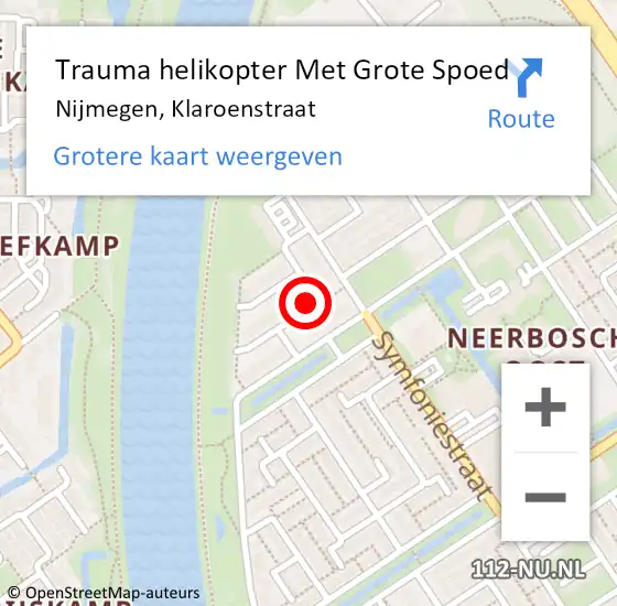 Locatie op kaart van de 112 melding: Trauma helikopter Met Grote Spoed Naar Nijmegen, Klaroenstraat op 6 september 2024 10:37