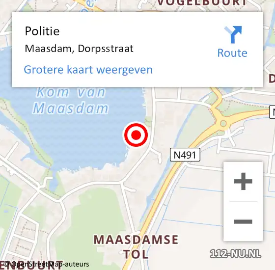 Locatie op kaart van de 112 melding: Politie Maasdam, Dorpsstraat op 6 september 2024 10:39