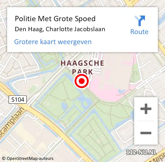 Locatie op kaart van de 112 melding: Politie Met Grote Spoed Naar Den Haag, Charlotte Jacobslaan op 6 september 2024 11:10