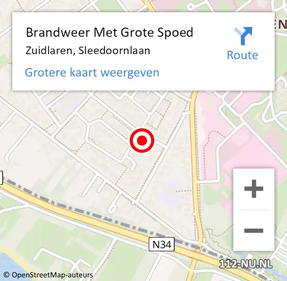 Locatie op kaart van de 112 melding: Brandweer Met Grote Spoed Naar Zuidlaren, Sleedoornlaan op 6 september 2024 12:04