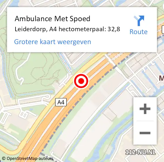 Locatie op kaart van de 112 melding: Ambulance Met Spoed Naar Leiderdorp, A4 hectometerpaal: 32,8 op 6 september 2024 12:19