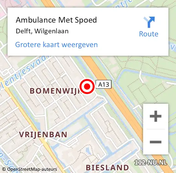 Locatie op kaart van de 112 melding: Ambulance Met Spoed Naar Delft, Wilgenlaan op 6 september 2024 12:30