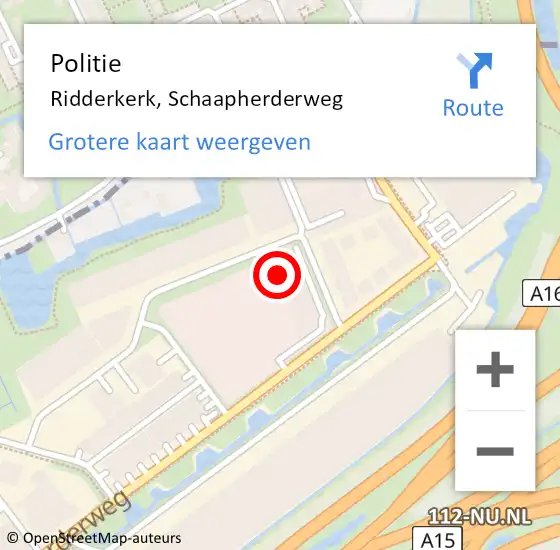 Locatie op kaart van de 112 melding: Politie Ridderkerk, Schaapherderweg op 6 september 2024 12:37