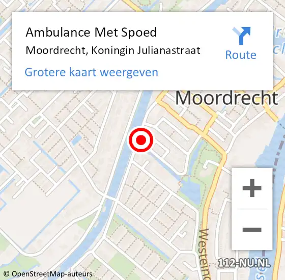 Locatie op kaart van de 112 melding: Ambulance Met Spoed Naar Moordrecht, Koningin Julianastraat op 6 september 2024 12:43