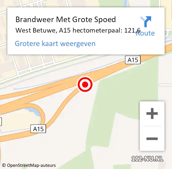 Locatie op kaart van de 112 melding: Brandweer Met Grote Spoed Naar West Betuwe, A15 hectometerpaal: 121,6 op 6 september 2024 14:02