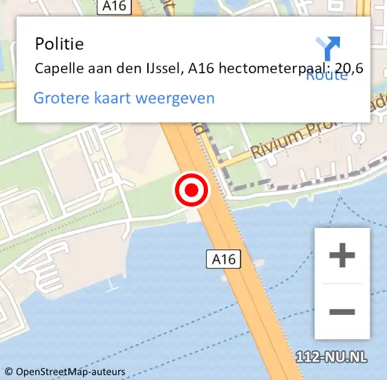 Locatie op kaart van de 112 melding: Politie Capelle aan den IJssel, A16 hectometerpaal: 20,6 op 6 september 2024 14:06