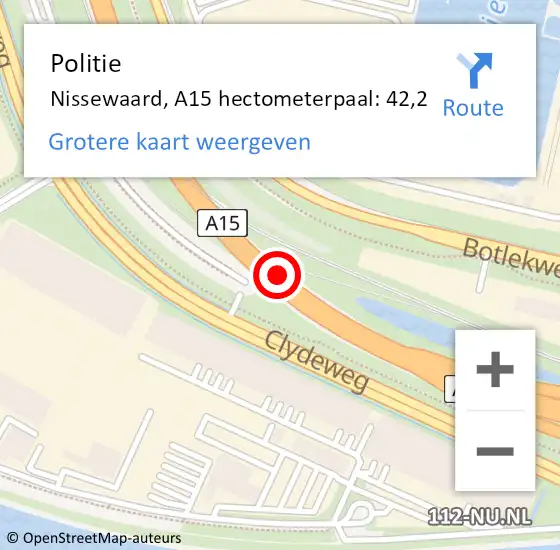 Locatie op kaart van de 112 melding: Politie Nissewaard, A15 hectometerpaal: 42,2 op 6 september 2024 14:12