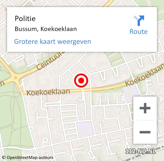 Locatie op kaart van de 112 melding: Politie Bussum, Koekoeklaan op 6 september 2024 14:47