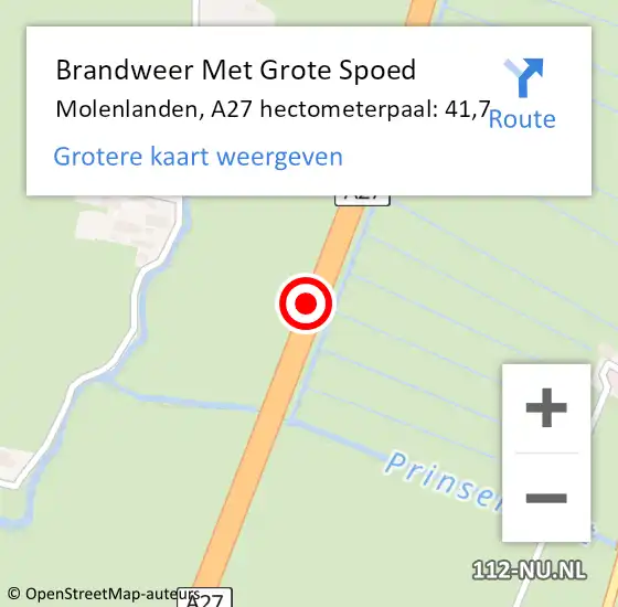 Locatie op kaart van de 112 melding: Brandweer Met Grote Spoed Naar Molenlanden, A27 hectometerpaal: 41,7 op 6 september 2024 15:16