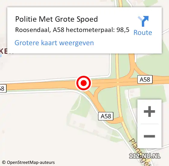 Locatie op kaart van de 112 melding: Politie Met Grote Spoed Naar Roosendaal, A58 hectometerpaal: 98,5 op 6 september 2024 15:25