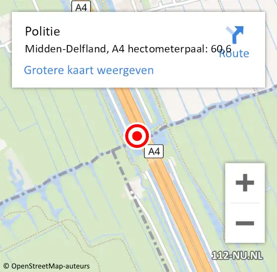 Locatie op kaart van de 112 melding: Politie Midden-Delfland, A4 hectometerpaal: 60,6 op 6 september 2024 15:57