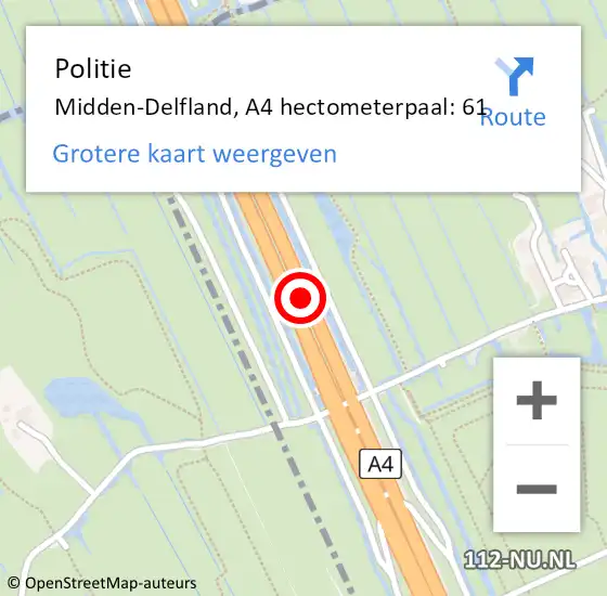 Locatie op kaart van de 112 melding: Politie Midden-Delfland, A4 hectometerpaal: 61 op 6 september 2024 15:59