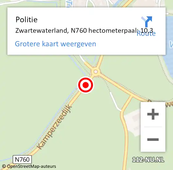 Locatie op kaart van de 112 melding: Politie Zwartewaterland, N760 hectometerpaal: 10,3 op 6 september 2024 16:07