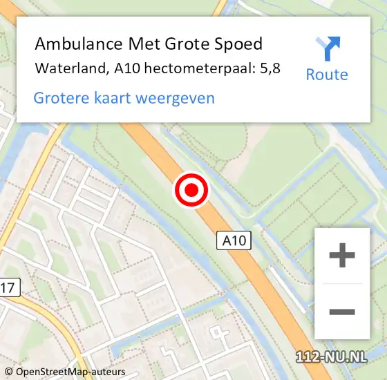 Locatie op kaart van de 112 melding: Ambulance Met Grote Spoed Naar Waterland, A10 hectometerpaal: 5,8 op 6 september 2024 16:35