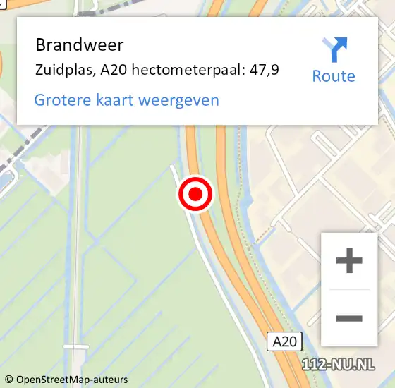 Locatie op kaart van de 112 melding: Brandweer Zuidplas, A20 hectometerpaal: 47,9 op 6 september 2024 16:45