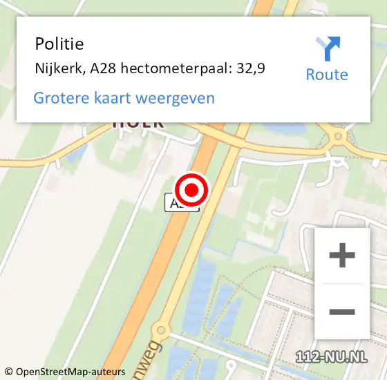 Locatie op kaart van de 112 melding: Politie Nijkerk, A28 hectometerpaal: 32,9 op 6 september 2024 16:53