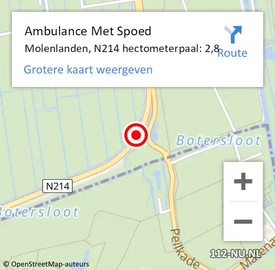 Locatie op kaart van de 112 melding: Ambulance Met Spoed Naar Molenlanden, N214 hectometerpaal: 2,8 op 6 september 2024 16:59