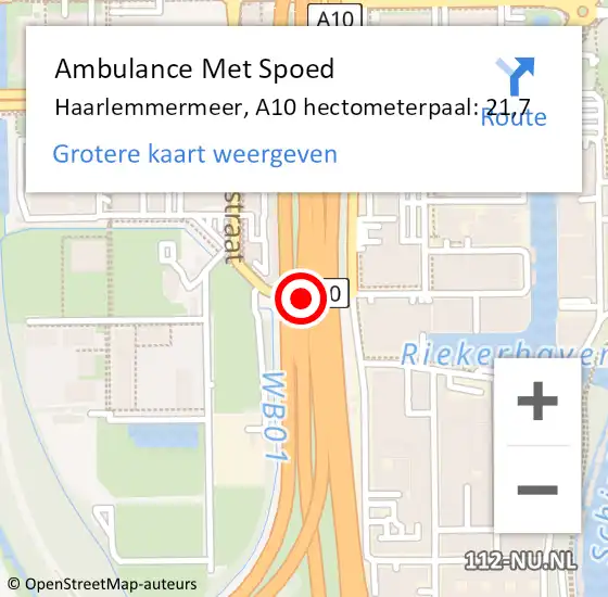 Locatie op kaart van de 112 melding: Ambulance Met Spoed Naar Haarlemmermeer, A10 hectometerpaal: 21,7 op 6 september 2024 17:01