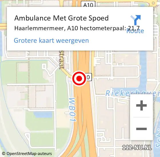 Locatie op kaart van de 112 melding: Ambulance Met Grote Spoed Naar Haarlemmermeer, A10 hectometerpaal: 21,7 op 6 september 2024 17:04