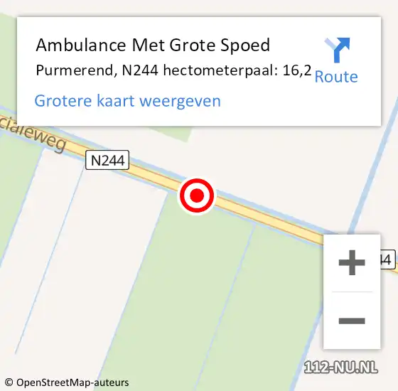 Locatie op kaart van de 112 melding: Ambulance Met Grote Spoed Naar Purmerend, N244 hectometerpaal: 16,2 op 6 september 2024 17:07