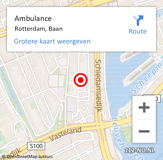 Locatie op kaart van de 112 melding: Ambulance Rotterdam, Baan op 6 september 2024 17:14