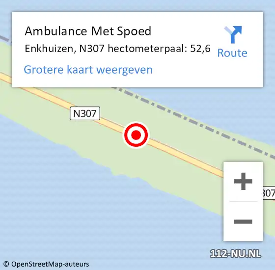 Locatie op kaart van de 112 melding: Ambulance Met Spoed Naar Enkhuizen, N307 hectometerpaal: 52,6 op 6 september 2024 18:10