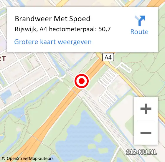 Locatie op kaart van de 112 melding: Brandweer Met Spoed Naar Rijswijk, A4 hectometerpaal: 50,7 op 6 september 2024 18:24