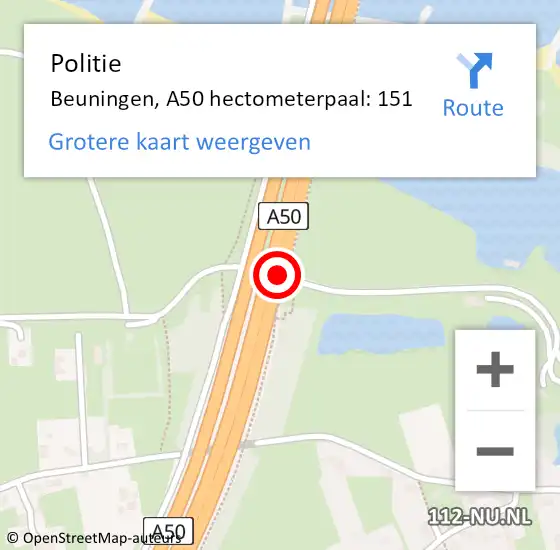 Locatie op kaart van de 112 melding: Politie Beuningen, A50 hectometerpaal: 151 op 6 september 2024 19:09