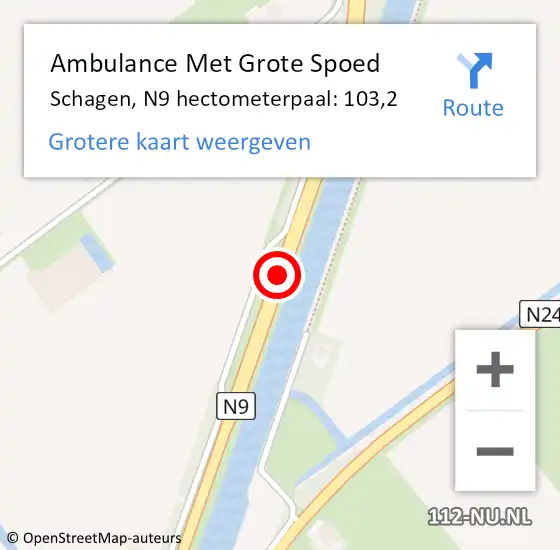 Locatie op kaart van de 112 melding: Ambulance Met Grote Spoed Naar Schagen, N9 hectometerpaal: 103,2 op 6 september 2024 19:36