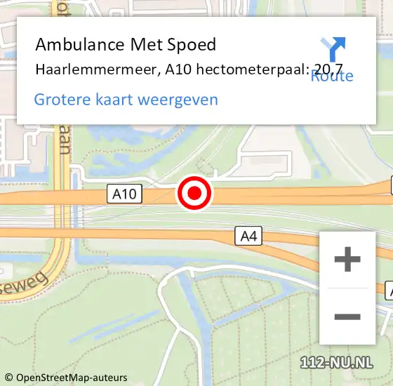 Locatie op kaart van de 112 melding: Ambulance Met Spoed Naar Haarlemmermeer, A10 hectometerpaal: 20,7 op 6 september 2024 19:39